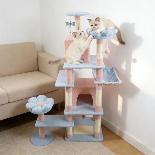 XL Natural Wood Cat Tree with Hammock & Condo
