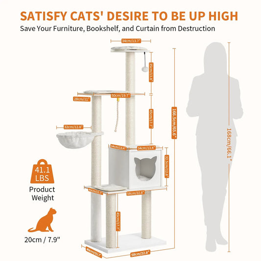 Modern 65" Wood Cat Tower with Removable Plush Pads