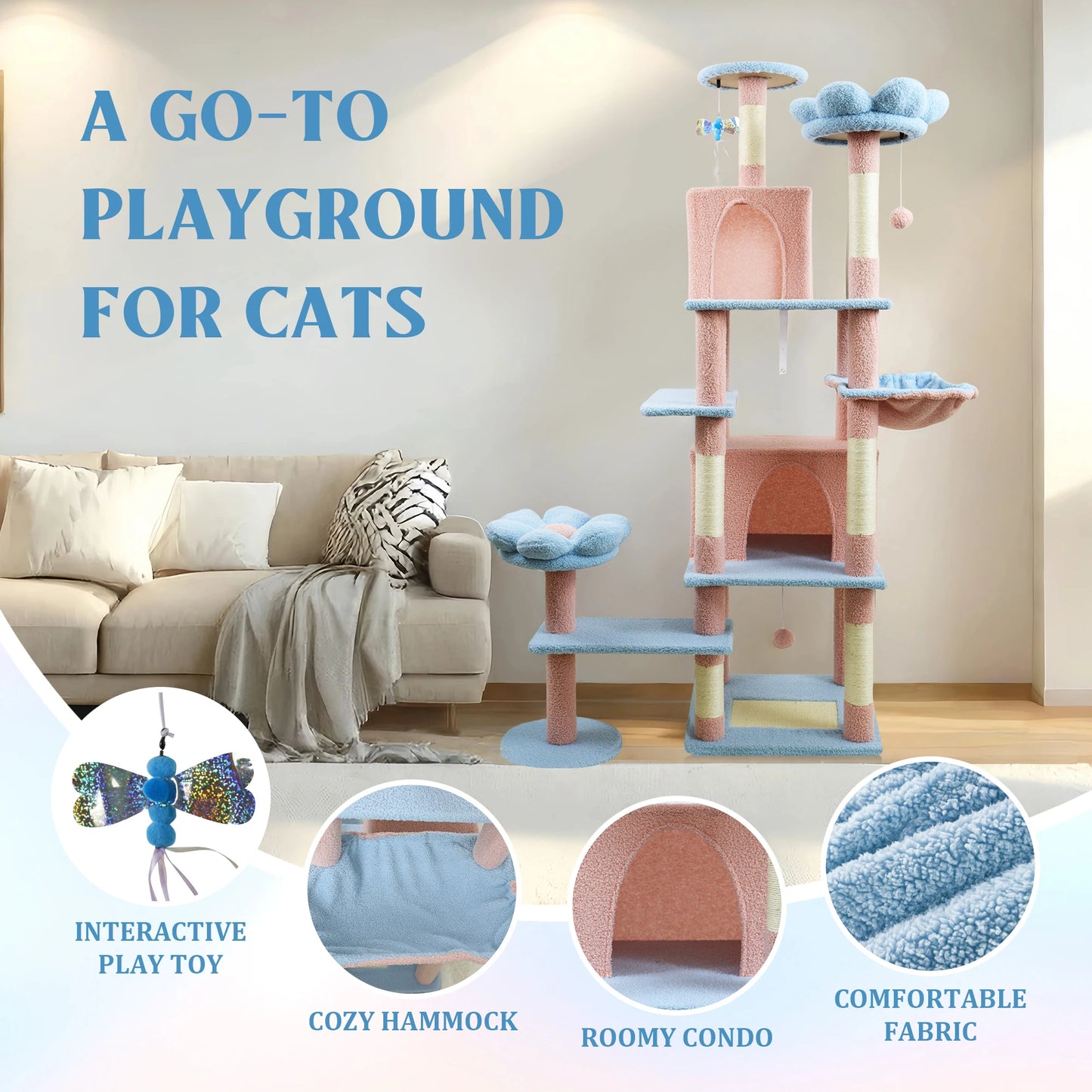 XL Natural Wood Cat Tree with Hammock & Condo