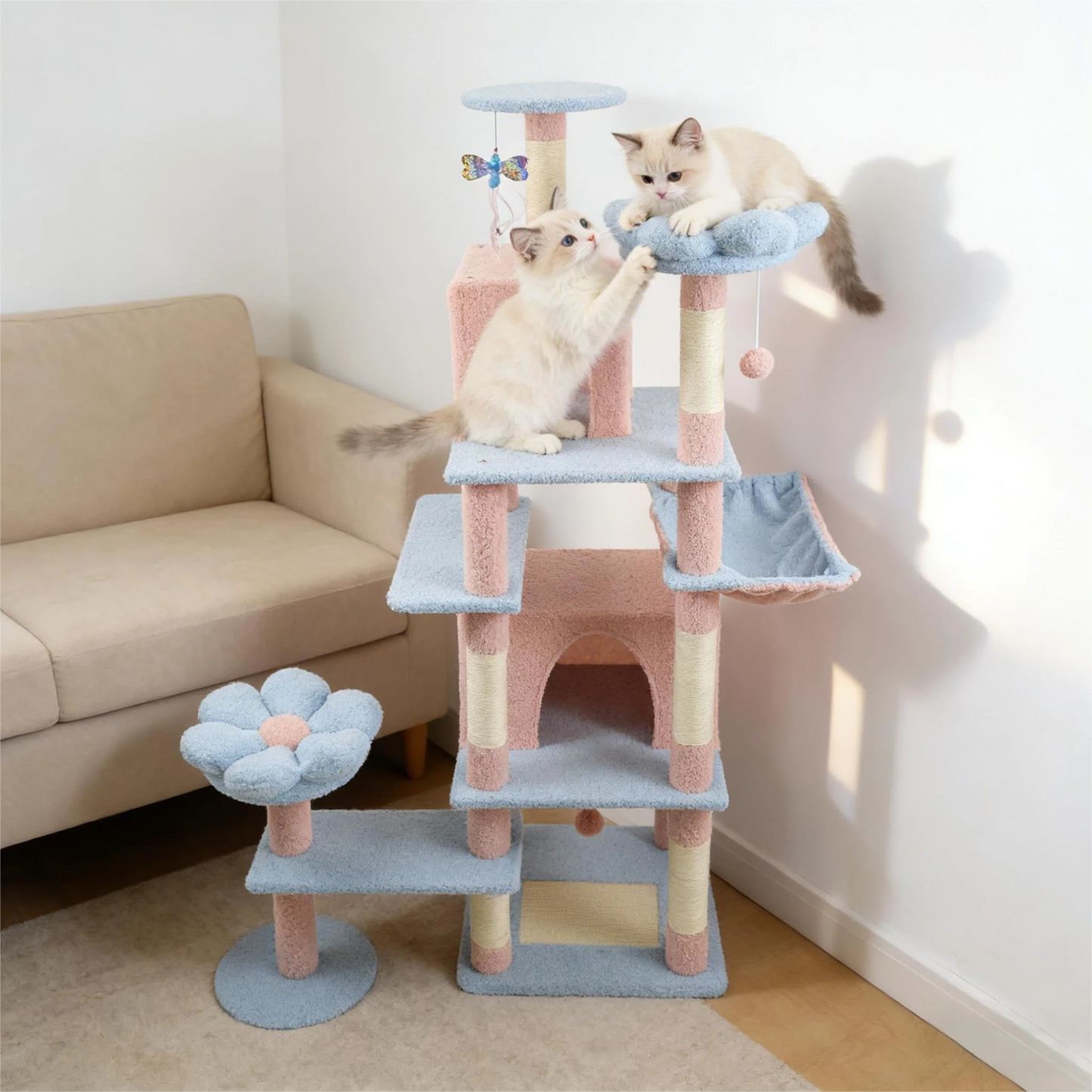 XL Natural Wood Cat Tree with Hammock & Condo
