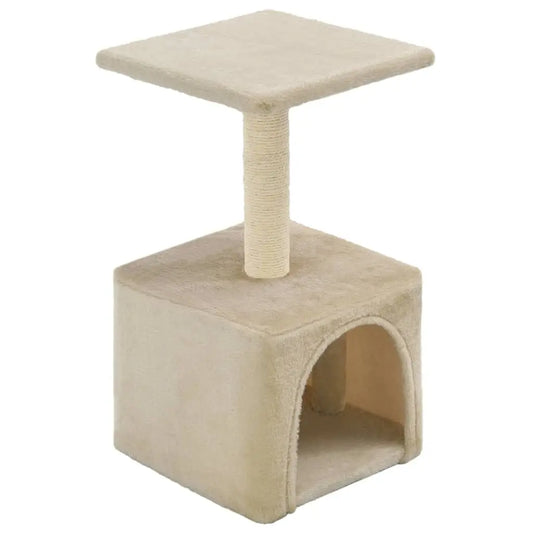 Compact Beige Cat Tree with Scratching Post