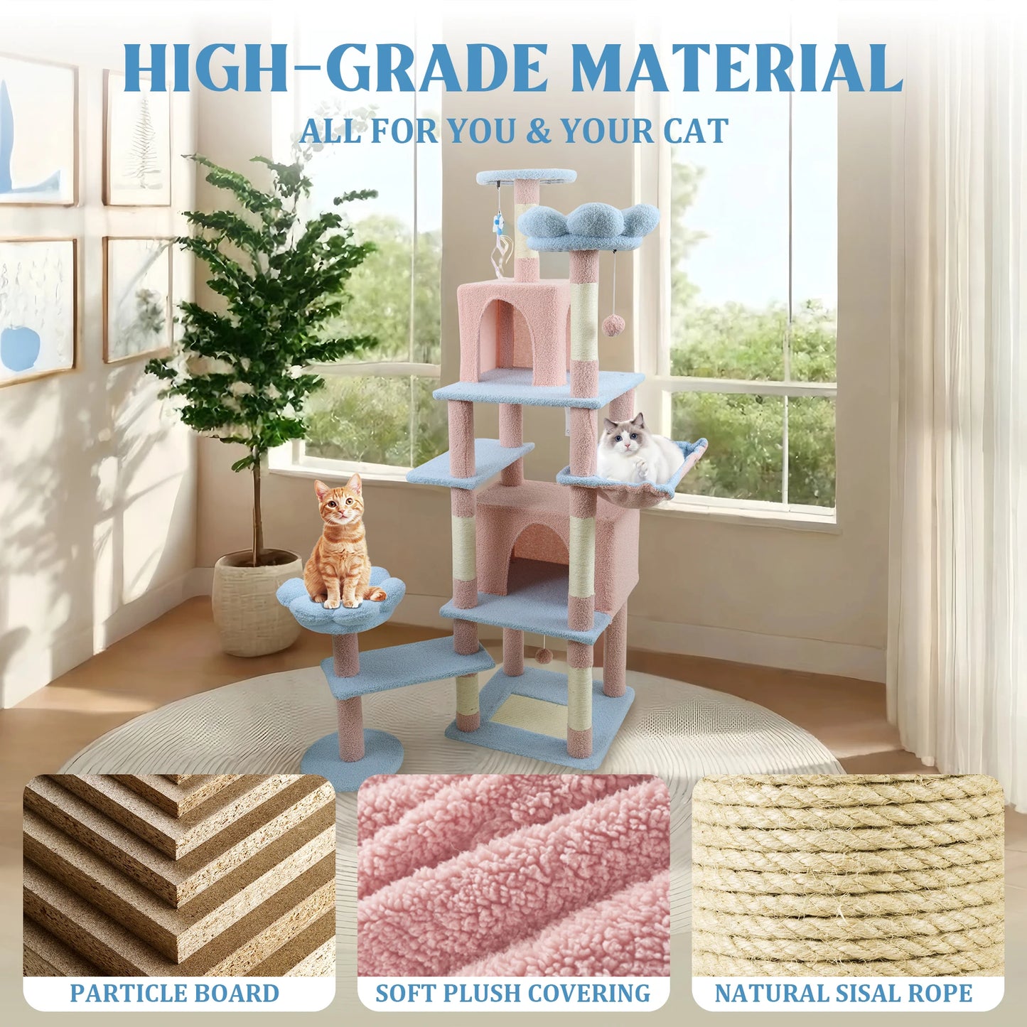 XL Natural Wood Cat Tree with Hammock & Condo